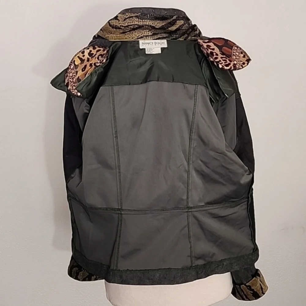 Nancy Bolen Jacket Faux Suede with Animal Print Accents Green Plus Size 14
